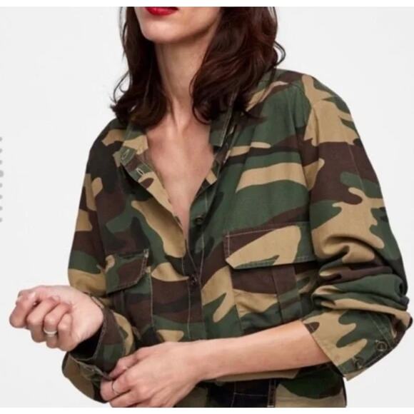 Zara Woman Camouflage Shirt Brown Green Small Button Down - Picture 1 of 7